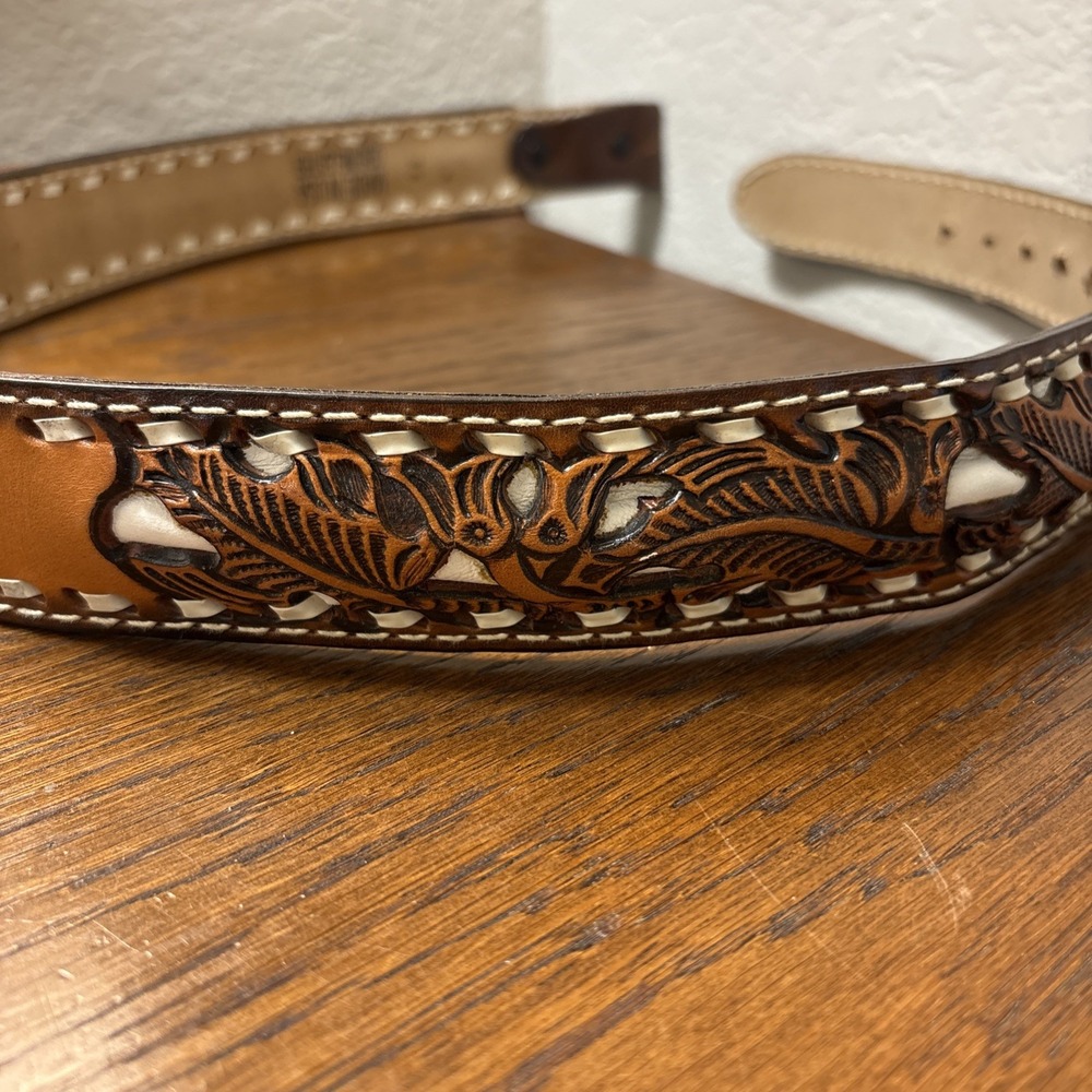 Vintage Hand Tooled Leather Belt Name "Roger" Brown Men 36 Circle G No Buckle - Picture 2 of 8